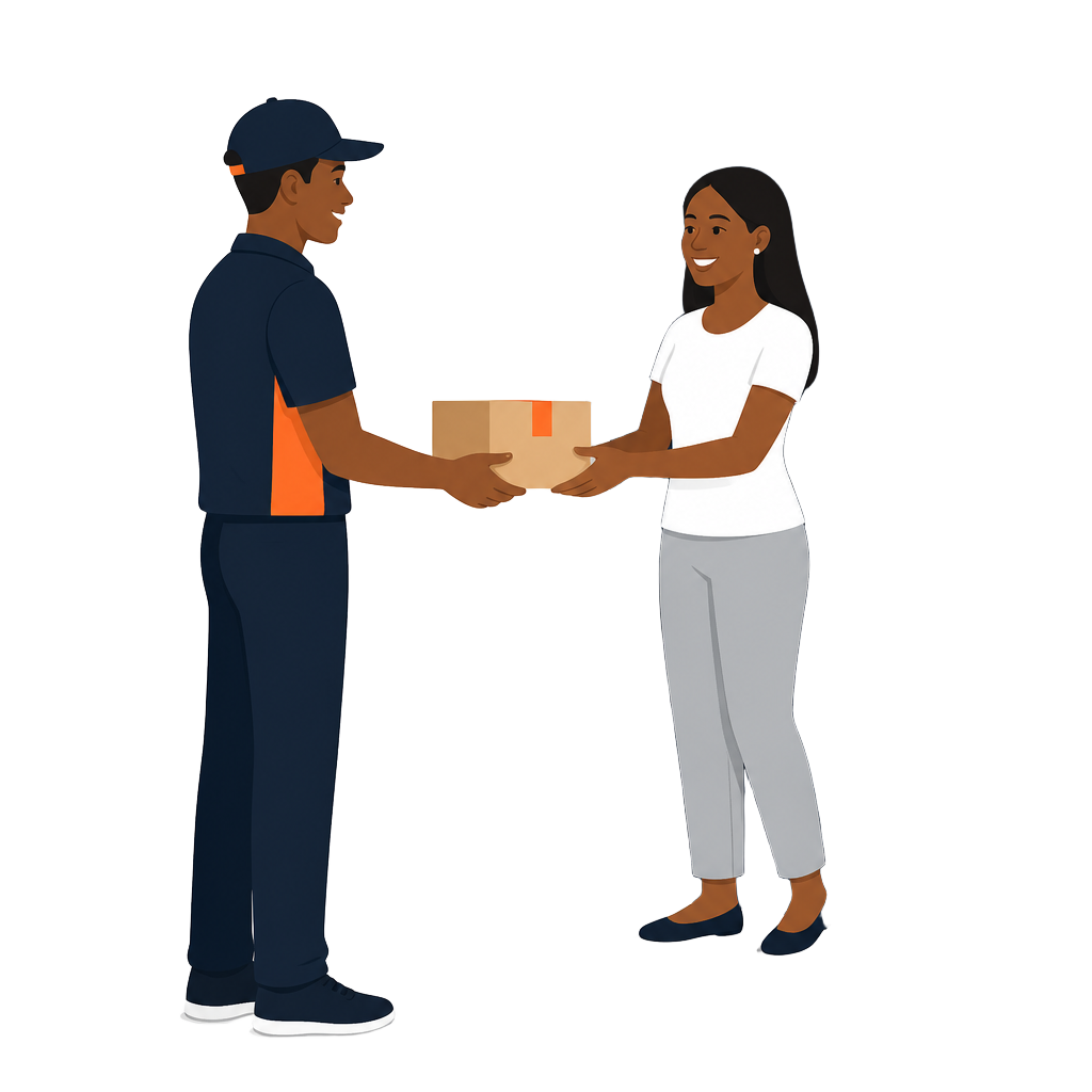 Midetoria courier handing a parcel to a customer at her door